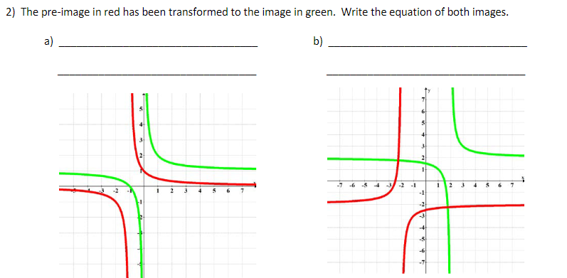 2) The pre-image in red has been transformed to the image in green. Write the equation of both images.
a)
b)
-7 -6 -5 -4 -3 -2 -1
4
6
-1
