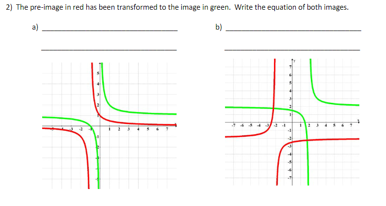 2) The pre-image in red has been transformed to the image in green. Write the equation of both images.
a)
b)
-7 -6 -5 -4 -3 -2 -1
12
3
6.
-2
-1
-2
-6
