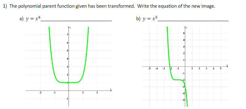 1) The polynomial parent function given has been transformed. Write the equation of the new image.
a) y = x6
b) y = x5
21
-3
-1
-2
