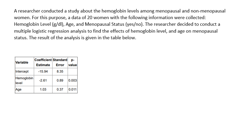 A researcher conducted a study about the hemoglobin levels among menopausal and non-menopausal
women. For this purpose, a data of 20 women with the following information were collected:
Hemoglobin Level (g/dl), Age, and Menopausal Status (yes/no). The researcher decided to conduct a
multiple logistic regression analysis to find the effects of hemoglobin level, and age on menopausal
status. The result of the analysis is given in the table below.
Variable
Coefficient Standard p-
Estimate Error value
Intercept -15.94 8.35
Hemoglobin -2.61
level
Age
1.03
0.89 0.003
0.37 0.011