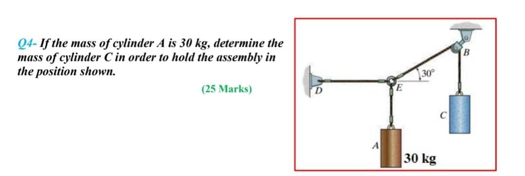 Q4- If the mass of cylinder A is 30 kg, determine the
mass of cylinder C in order to hold the assembly in
the position shown.
30
(25 Marks)
C
A
30 kg
