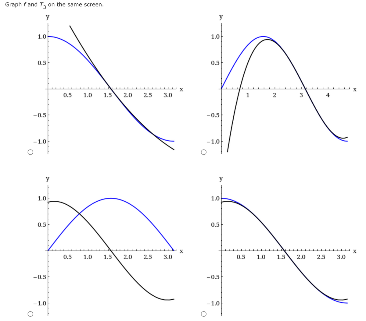 Graph f and Tz on the same screen.
y
y
1.0
1.0
0.5
0.5
X
0.5
1.0
1.5
2.0
2.5
3.0
1
4
-0.5
-0.5
-1.0
-1.0
y
y
1.0
1.0
0.5
0.5
X
X
0.5
1.0
1.5
2.0
2.5
3.0
0.5
1.0
1.5
2.0
2.5
3.0
-0.5
-0.5
-1.0
-1.0
3.
