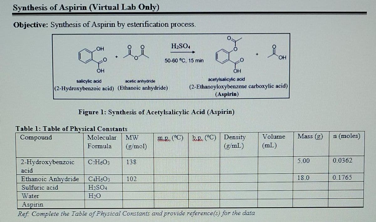 Synthesis of Aspirin (Virtual Lab Only)
Objective: Synthesis of Aspirin by esterification proces.
H2SO4
OH
50-60 °C, 15 min
acetylsalicylic acid
(2-Ethanoyloxybenzene carboxylic acid)
(Aspirin)
salicylic acid
acetic anhydnde
(2-Hydroxybenzoic acid) (Ethanoic anhydride)
Figure 1: Synthesis of Acetylsalicylic Acid (Aspirin)
Table 1: Table of Physical Constants
Compound
Volume
Mass (g)
n (moles)
Density
(g/mL)
Molecular
MW
m.R. (*C) b.P. (°C)
Formula
(g/mol)
(mL)
2-Hydroxybenzoic
CH6O3
138
5.00
0.0362
acid
Ethanoic Anhydride
CH6O3
H2SO4
18.0
0.1765
102
Sulfuric acid
Water
H2O
Aspirin
Ref Complete the Table of Physical Constants and provide reference(s) for the data
