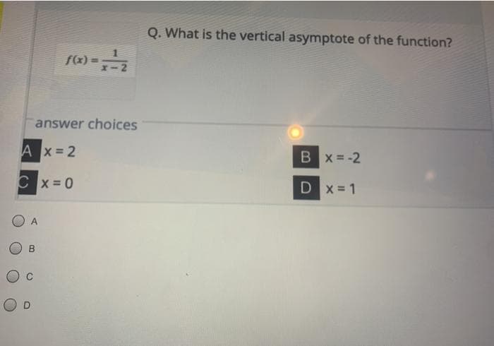 Q. What is the vertical asymptote of the function?
f(x) =
answer choices
A x = 2
Bx = -2
C x = 0
D x = 1
