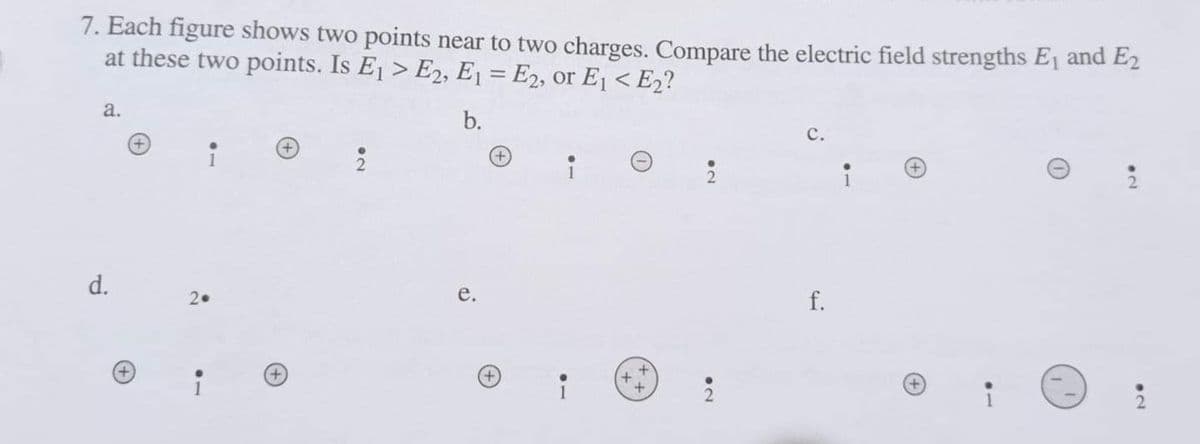 7. Each figure shows two points near to two charges. Compare the electric field strengths E¡ and E2
at these two points. Is E1 > E2, E1 = E2, or E1 < E2?
a.
b.
с.
+,
+)
2.
е.
f.
d.
