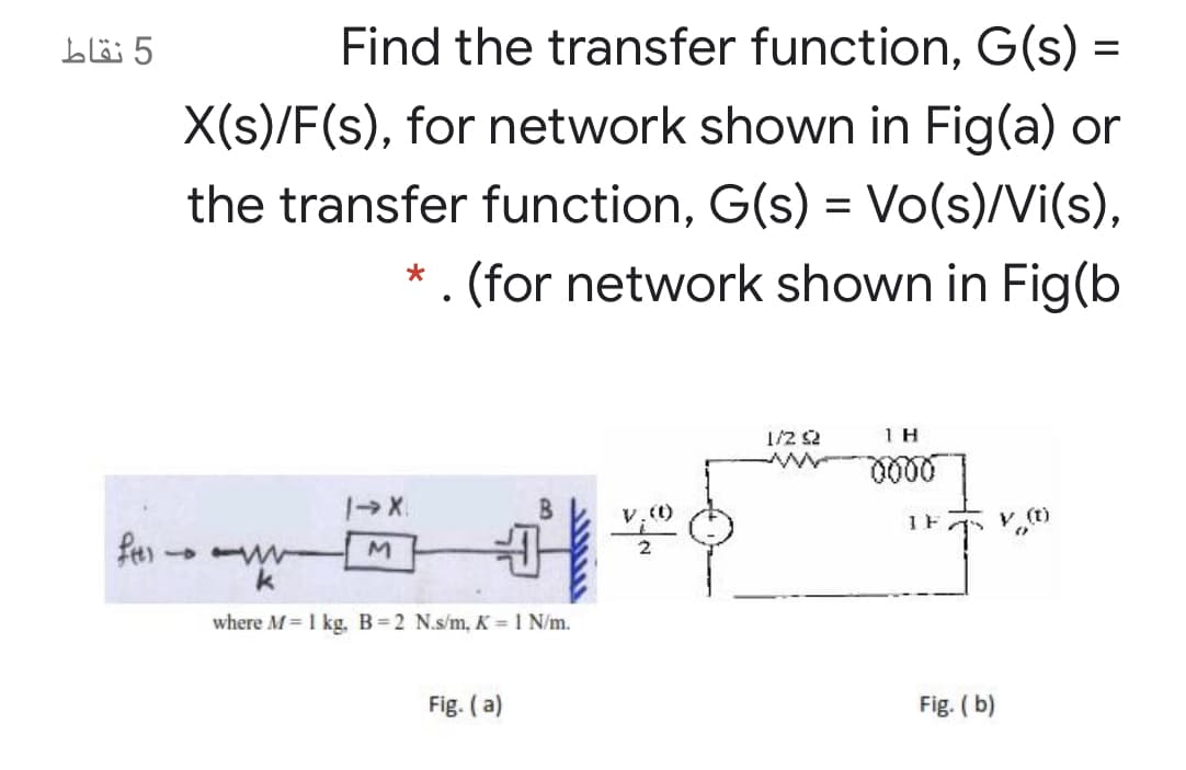 5 نقاط
Find the transfer function, G(s) =
X(s)/F(s), for network shown in Fig(a) or
the transfer function, G(s) = Vo(s)/Vi(s),
* . (for network shown in Fig(b
1/2 s2
1 H
fer
M
where M = 1 kg. B=2 N.s/m, K = 1 N/m.
Fig. (a)
Fig. ( b)
