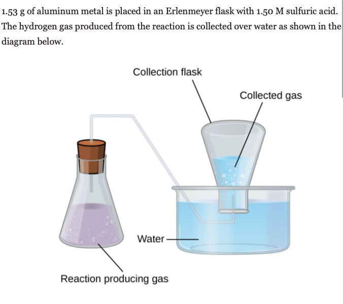 1.53 g of aluminum metal is placed in an Erlenmeyer flask with 1.50 M sulfuric acid.
The hydrogen gas produced from the reaction is collected over water as shown in the
diagram below.
Collection flask
Collected gas
Water -
Reaction producing gas
