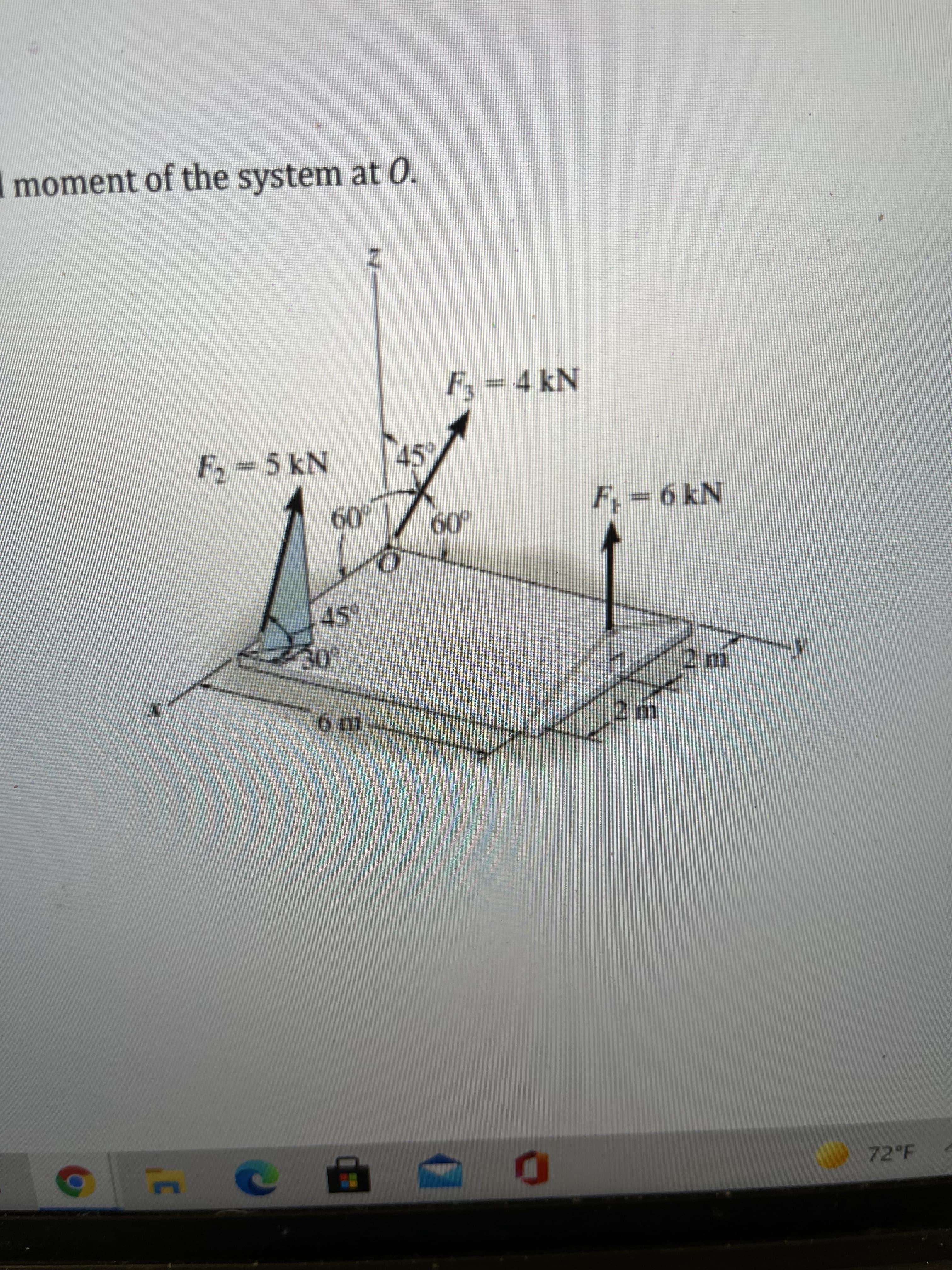 moment of the system at 0.
F3%3D4 kN
F2%3D5 kN
45°
F%3D6 kN
.09
09
45°
2 m
2 m
72 F
