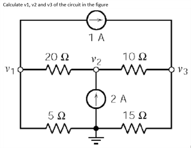 Calculate v1, v2 and v3 of the circuit in the figure
1 A
20 N
10 2
V2
V1
O v3
2 A
5Ω
15 Ω
