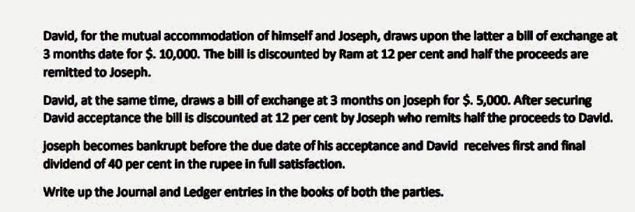 David, for the mutual accommodation of himself and Joseph, draws upon the latter a bill of exchange at
3 months date for $. 10,000. The bill is discounted by Ram at 12 per cent and half the proceeds are
remitted to Joseph.
David, at the same time, draws a bill of exchange at 3 months on joseph for $. 5,000. After securing
David acceptance the bill is discounted at 12 per cent by Joseph who remits half the proceeds to David.
joseph becomes bankrupt before the due date of his acceptance and David receives first and final
dividend of 40 per cent in the rupee in full satisfaction.
Write up the Journal and Ledger entries in the books of both the parties.