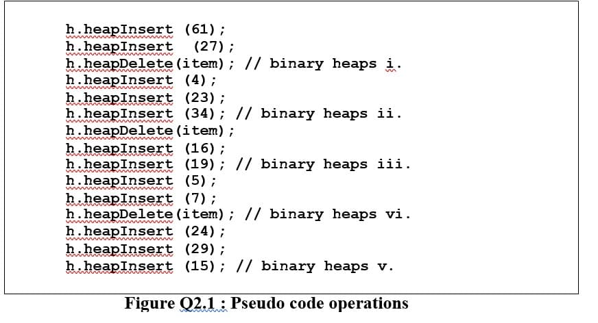 h.heapInsert (61);
h.heapInsert
h.heapDelete (item); // binary heaps i.
h.heapInsert (4);
(27) ;
h.heapInsert (23);
h.heapInsert (34); // binary heaps ii.
h.heapDelete (item) ;
h.heapInsert (16);
h.heapInsert (19); // binary heaps iii.
h.heapInsert (5);
h.heapInsert (7);
h. heapDelete (item) ; // binary heaps vi.
h.heapInsert (24);
h.heapInsert (29);
h. heapInsert (15) ; // binary heaps v.
Figure Q2.1 : Pseudo code operations
