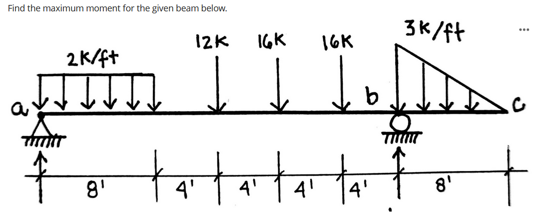 Find the maximum moment for the given beam below.
3K/ft
...
12K
16K
16K
2K/ft
tat
ト
8'
4'
4'
4'
8'
