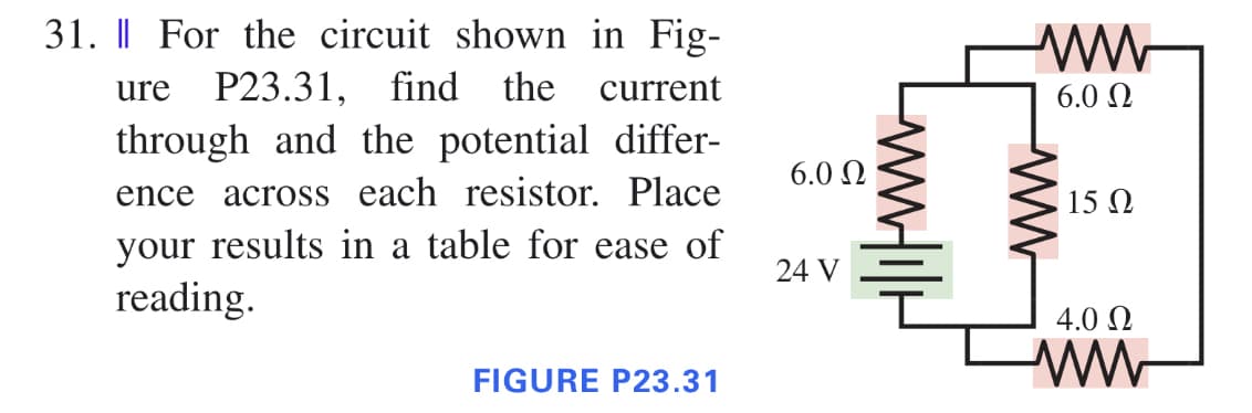 31. For the circuit shown in Fig-
ure P23.31, find the current
through and the potential differ-
ence across each resistor. Place
your results in a table for ease of
reading.
FIGURE P23.31
6.0 Ω
24 V
www
6.0 Ω
15 Ω
4.0 Ω
ww