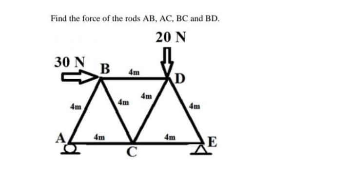 Find the force of the rods AB, AC, BC and BD.
20 N
30 N
В
4m
4m
4m
4m
4m
4m
4m
E
