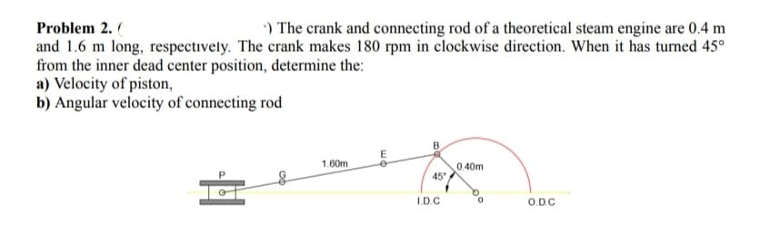 Problem 2. (
The crank and connecting rod of a theoretical steam engine are 0.4 m
and 1.6 m long, respectively. The crank makes 180 rpm in clockwise direction. When it has turned 45°
from the inner dead center position, determine the:
a) Velocity of piston,
b) Angular velocity of connecting rod
1.60m
0.40m
O.D.C
Ea
45°
I.D.C