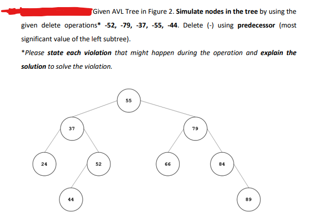 Given AVL Tree in Figure 2. Simulate nodes in the tree by using the
given delete operations* -52, -79, -37, -55, -44. Delete (-) using predecessor (most
significant value of the left subtree).
*Please state each violation that might happen during the operation and explain the
solution to solve the violation.
24
37
44
52
55
66
79
84
89