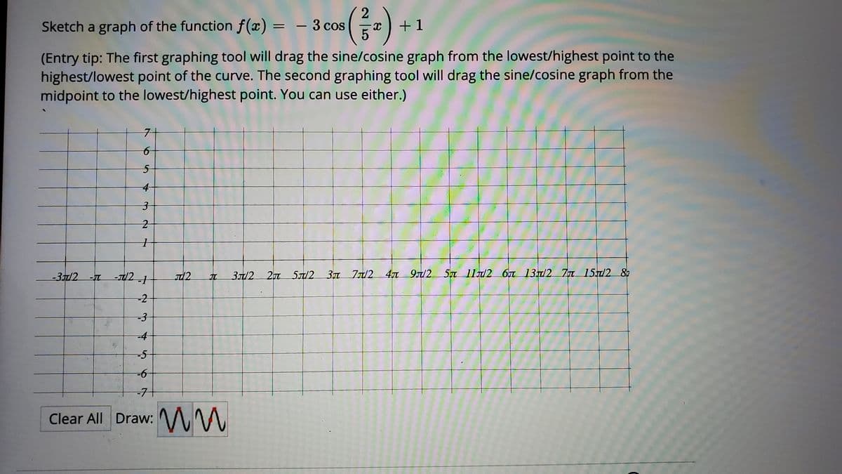 2
Sketch a graph of the function f(x) = – 3 cos
+1
-
(Entry tip: The first graphing tool will drag the sine/cosine graph from the lowest/highest point to the
highest/lowest point of the curve. The second graphing tool will drag the sine/cosine graph from the
midpoint to the lowest/highest point. You can use either.)
7-
up
-3/2 -T
-12 1
Td2
Зл/2
2 5/2 3 7/2 4n 9/2 5T ll/2 6T 13/2 7m 15/2 8
-2
-4
-7
Clear All Draw: MM
