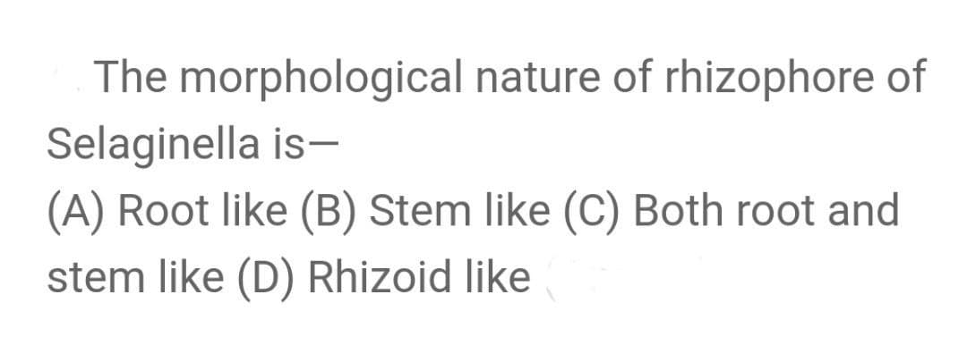 The morphological nature of rhizophore of
Selaginella is-
(A) Root like (B) Stem like (C) Both root and
stem like (D) Rhizoid like
