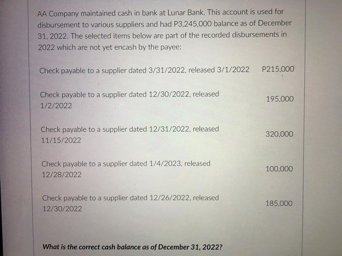 AA Company maintained cash in bank at Lunar Bank. This account is used for
disbursement to various suppliers and had P3,245,000 balance as of December
31, 2022. The selected items below are part of the recorded disbursements in
2022 which are not yet encash by the payee:
Check payable to a supplier dated 3/31/2022, released 3/1/2022
P215,000
Check payable to a supplier dated 12/30/2022, released
195,000
1/2/2022
Check payable to a supplier dated 12/31/2022, released
320,000
11/15/2022
Check payable to a supplier dated 1/4/2023, released
100,000
12/28/2022
Check payable to a supplier dated 12/26/2022, released
185,000
12/30/2022
What is the correct cash balance as of December 31, 2022?
