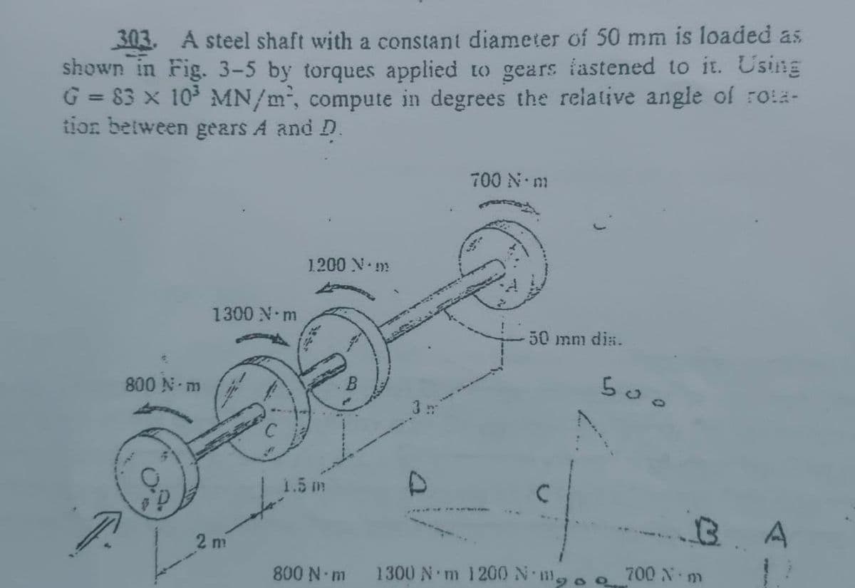 303. A steel shaft with a constant diameter of 50 mm is loaded as
shown in Fig. 3-5 by torques applied to gears fastened to it. Using
G = 83 x 10 MN/m, compute in degrees the relative angle of rota-
tion between gears A and D.
700 N m
1200 N m
1300 N m
50 mm dis.
500
800 N m
1.5 m
B. A
2 m
700 N m
800 N-m
1300 N m 1200 N mg.
