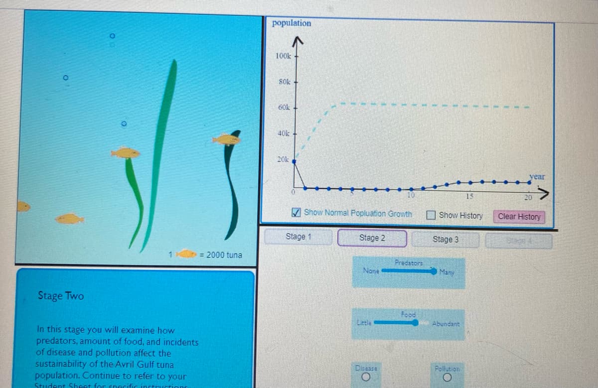 population
100k
S0k
60k
40k
20k
year
15
20
V Show Normal Popluation Growth
O Show History
Clear History
Stage 1
Stage 2
Stage 3
1
= 2000 tuna
Predators
Nane
Many
Stage Two
Food
Little
Abundant
In this stage you will examine how
predators, amount of food, and incidents
of disease and pollution affect the
sustainability of the Avril Gulf tuna
population. Continue to refer to your
Disease
Polution
Student Sheet for CRecif
