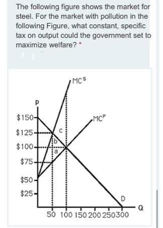 The following figure shows the market for
steel. For the market with pollution in the
following Figure, what constant, specific
tax on output could the government set to
maximize welfare? *
MCS
$150-
MC
$125-
$100-
$75-
$50-
$25-
Q
50 100 150 200 250300

