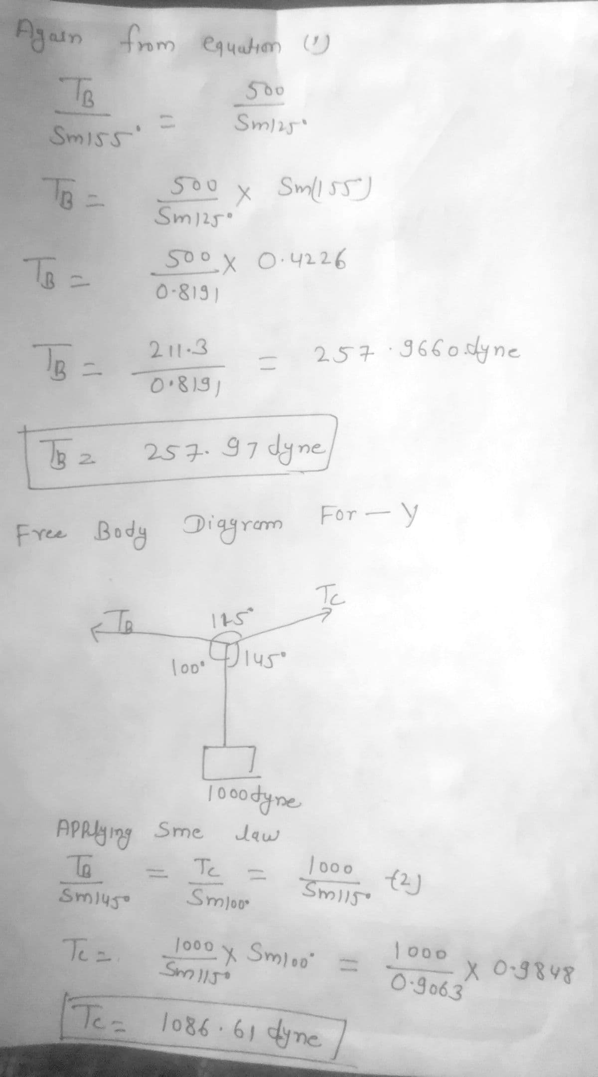 Again from equation (1)
Тв
500
Sm/25
Smi55
TB =
2 x Sm/155)
Тв =
1
500
Sm125°
500 X 0.4226
0-8191
211-3
=
0.8191
257. 97 dyne
TB 2
Free Body Diagram
Ja
175°
100⁰ $145.
1000 dyne
Jaw
257.9660.dyne
For - Y
Тс
Applying Sme
Te
Smloo
Sm145
1000 х
Smloo
Tc =
Sm115
Tc= 1086 61 dyne
1000 (2)
Sm115
1000 X 0.9848
0.9063