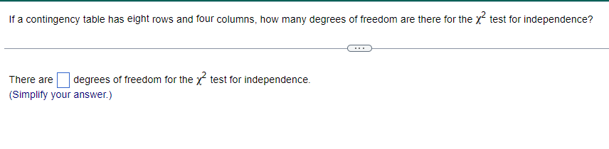 If a contingency table has eight rows and four columns, how many degrees of freedom are there for the x² test for independence?
There are degrees of freedom for the x² test for independence.
(Simplify your answer.)