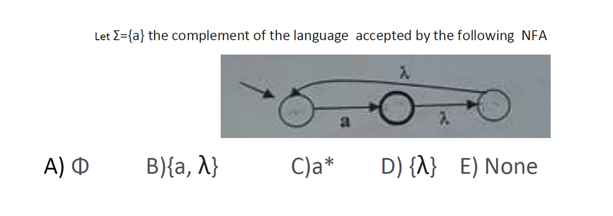 Let E={a} the complement of the language accepted by the following NFA
A) ®
B){a, A}
C)a*
D) {A}
E) None
