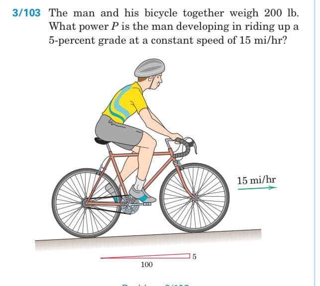 3/103 The man and his bicycle together weigh 200 lb.
What power P is the man developing in riding up a
5-percent grade at a constant speed of 15 mi/hr?
100
5
15 mi/hr