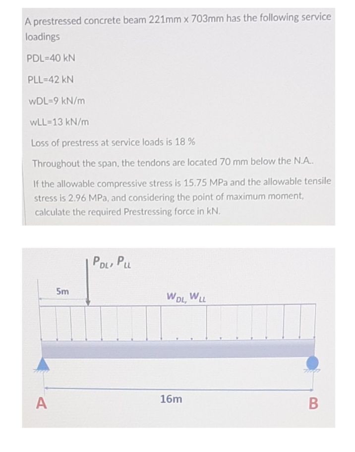 A prestressed concrete beam 221mm x 703mm has the following service
loadings
PDL=40 kN
PLL=42 kN
wDL=9 kN/m
wLL=13 kN/m
Loss of prestress at service loads is 18 %
Throughout the span, the tendons are located 70 mm below the N.A..
If the allowable compressive stress is 15.75 MPa and the allowable tensile
stress is 2.96 MPa, and considering the point of maximum moment,
calculate the required Prestressing force in kN.
POL PL
5m
WDL, WLL
16m
A
В
