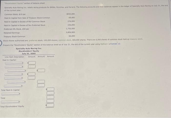 "Stockholders Equity" section of balance sheet
Specialty Auto Racing Inc. retails racing products for BMWs, Porsches, and Ferraris. The following accounts and their balances appear in the ledger of Specialty Auto Racing on July 31, the end
of the current years
Common Stock, $10 par
Paid-In Capital from Sale of Treasury Stock-Common
Paid-In Capital in Excess of Par-Common Stock
Paid-In Capital in Excess of Par-Preferred Stock
Preferred 4% Stock, $50 par
Total Paid-In Capital
Retained Earnings
Treasury Stock-Common
Stock shares authorized are: preferred stock, 100,000 shares; common stock, 400,000 shares. There are 6,000 shares of common stock held as treasury stack
Prepare the "Stockholders' Equity" section of the balance sheet as of July 31, the end of the current year using Method 1 of Exhibit 10.
Specialty Auto Racing Inc.
Stockholders' Equity
July 31, 20xx
Line Item Description Amount Amount Amount
Paid-In Capital
Total
$920,000
69,400
276,000
Total Stockholders' Equity.
105,000
1,750,000
3,806,900
66,000