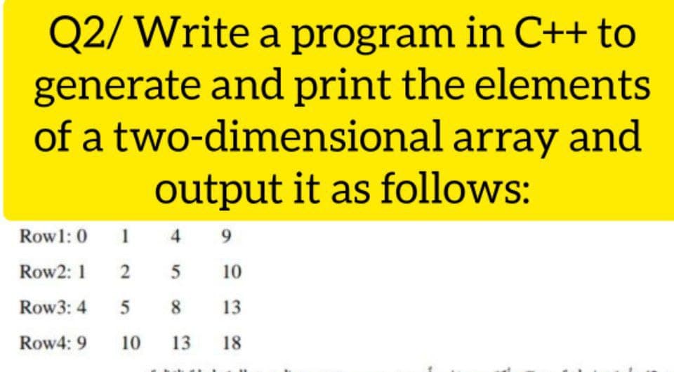 Q2/ Write a program in C++ to
generate and print the elements
of a two-dimensional array and
output it as follows:
Rowl:0
4
9.
Row2: 1
10
Row3: 4
5
8
13
Row4: 9
10
13
18
1.
2.
