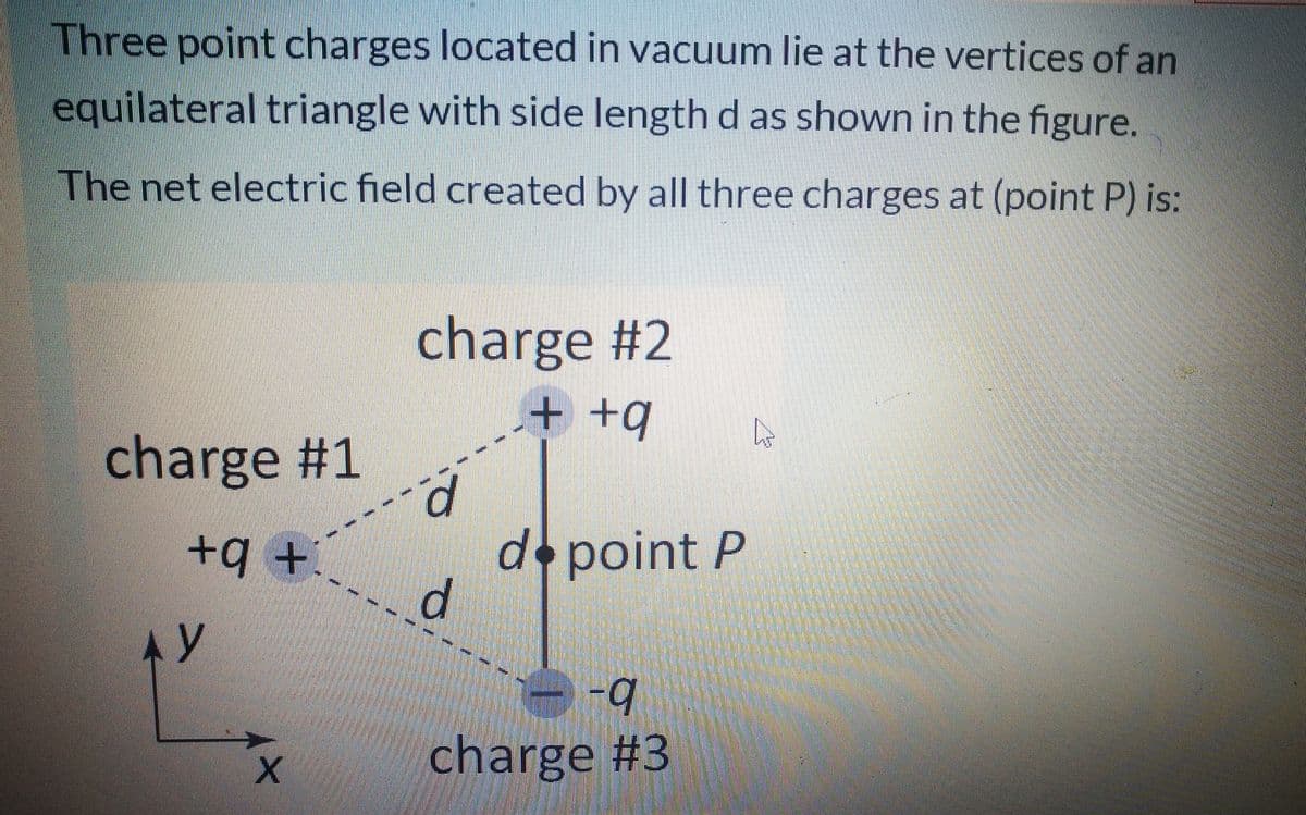 Three point charges located in vacuum lie at the vertices of an
equilateral triangle with side length d as shown in the figure.
The net electric field created by all three charges at (point P) is:
charge #2
+++
charge #1
d point P
d.
+q +;
AY
b.
charge #3
