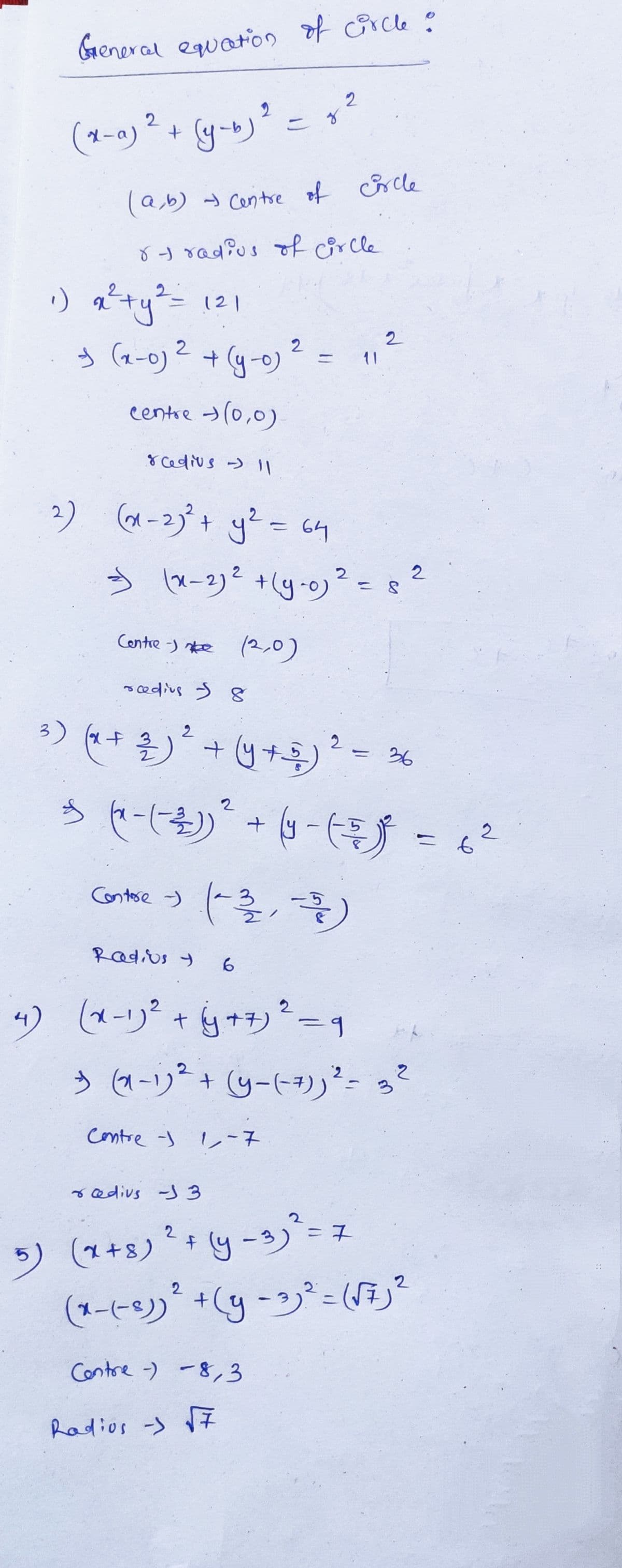 General eqwaton of Grcle :
2
2
こ
(1-a) ? + (y-b) = ?
(ターo)2
(a,b) Centre of rcle
8 J radius of circle
り心ー
う(a-o)2+ (g-)? =
121
2.
11
centre >(0,0)
8 cedius > I1
2) (x-2)°+ y? = 64
%3D
う ロー2)? +(g-9)。
2
Centre -) ke (2,0)
*edvs う g
)+ま)+四)~- %
2
36
うセーにも)+カー -
2
Contese -)
Radius y
6.
りーリャ白ナ。11
う(aーリ+ (y-ト)ーっ
2
+yナジー1
%3,
Contre s ーネ
o edivs -)3
2
り(+5)?+y-)ース
* y -3)"=
5) (1+s)
(ーヒ)+(y-ジニ(月)。
Contre -) -8,3
Radios -) 7
