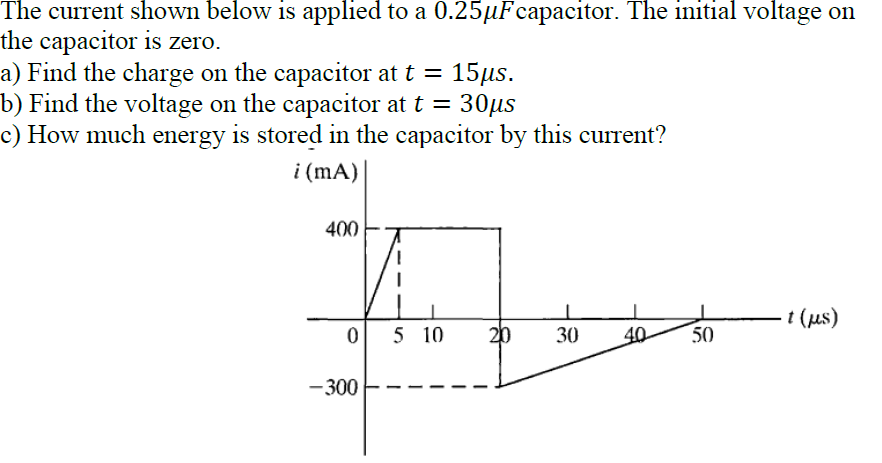 The current shown below is applied to a 0.25µFcapacitor. The initial voltage on
the capacitor is zero.
a) Find the charge on the capacitor at t =
b) Find the voltage on the capacitor at t = 30µs
c) How much energy is stored in the capacitor by this current?
15μs.
%D
i (mA)
400
t (us)
5 10
20
30
40
50
-300
