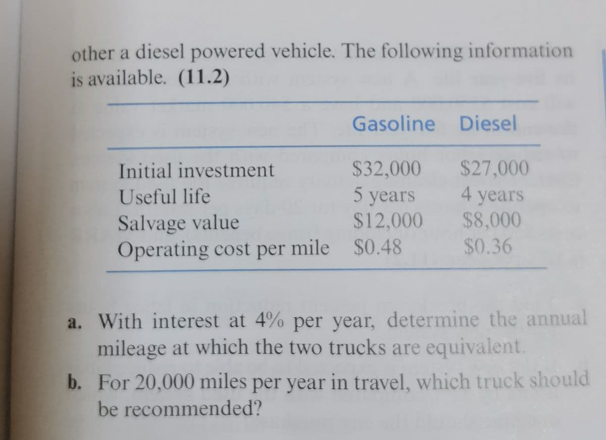 other a diesel powered vehicle. The following information
is available. (11.2)
Gasoline Diesel
$27,000
$32,000
5 years
$12,000
Initial investment
4 years
$8,000
$0.36
Useful life
Salvage value
Operating cost per mile $0.48
a. With interest at 4% per year, determine the annual
mileage at which the two trucks are equivalent.
b. For 20,000 miles per year in travel, which truck should
be recommended?
