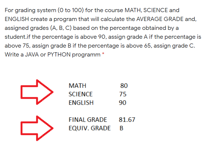 For grading system (0 to 100) for the course MATH, SCIENCE and
ENGLISH create a program that will calculate the AVERAGE GRADE and,
assigned grades (A, B, C) based on the percentage obtained by a
student.if the percentage is above 90, assign grade A if the percentage is
above 75, assign grade B if the percentage is above 65, assign grade C.
Write a JAVA or PYTHON programm
ΜΑΤΗ
80
SCIENCE
75
ENGLISH
90
FINAL GRADE
81.67
EQUIV. GRADE
В
介仓
