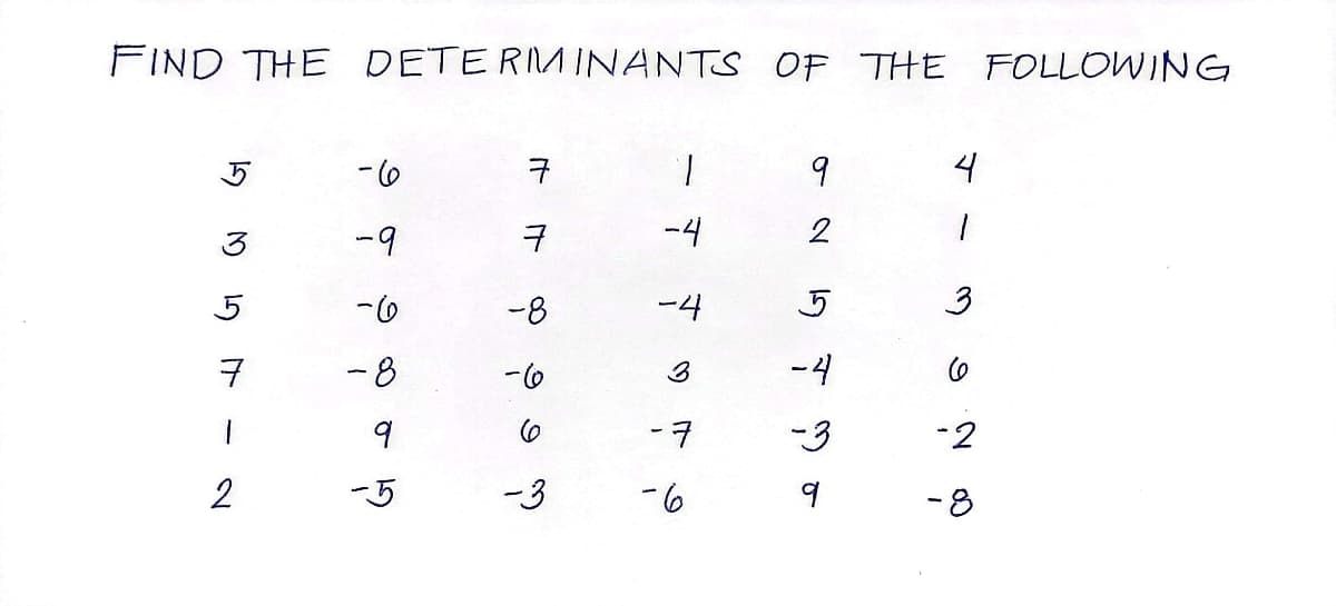 FIND THE
DETERMINANTS OF THE FOLLOWING
구
1.
3
-9
ー4
5
-8
ー4
3
-8
3
-4
ー7
-3
-2
2
-5
-3
-6
-8
