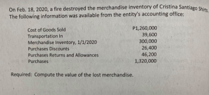 On Feb. 18, 2020, a fire destroyed the merchandise inventory of Cristina Santiago Shin
The following information was available from the entity's accounting office:
Cost of Goods Sold
Transportation In
Merchandise Inventory, 1/1/2020
P1,260,000
39,600
300,000
26,400
46,200
1,320,000
Purchases Discounts
Purchases Returns and Allowances
Purchases
Required: Compute the value of the lost merchandise.
