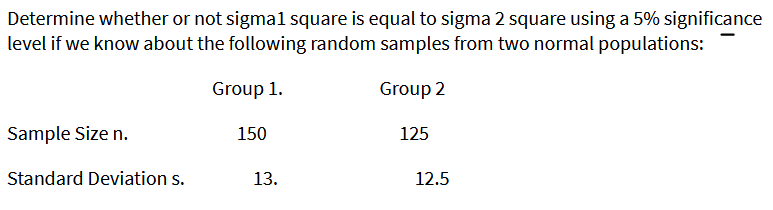 Determine whether or not sigmal square is equal to sigma 2 square using a 5% significance
level if we know about the following random samples from two normal populations:
Group 1.
Group 2
Sample Size n.
150
125
Standard Deviation s.
13.
12.5
