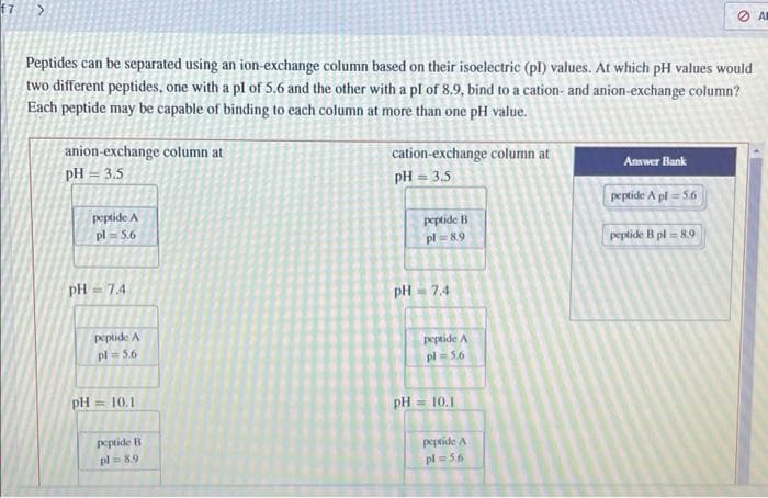 17
Peptides can be separated using an ion-exchange column based on their isoelectric (pl) values. At which pH values would
two different peptides, one with a pl of 5.6 and the other with a pl of 8.9, bind to a cation- and anion-exchange column?
Each peptide may be capable of binding to each column at more than one pH value.
anion-exchange column at
pH = 3.5
cation-exchange column at
Answer Bank
pH = 3.5
peptide A pf = 5.6
peptide A
peptide B
pl = 89
pl= 5.6
peptide B pl = 8,9
pH= 7.4
pH = 7,4
peptide A
pl= 5.6
peptide A
pl= 5.6
pH = 10.1
pH = 10.1
peptide B
V oppdad
pl=56
pl= 89
