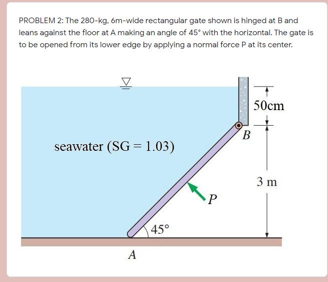 PROBLEM 2: The 280-kg, óm-wide rectangular gate shown is hinged at B and
leans against the floor at A making an angle of 45° with the horizontal. The gate is
to be opened from its lower edge by applying a normal force P at its center.
50cm
В
seawater (SG =1.03)
3 m
P
45°
A
DI
