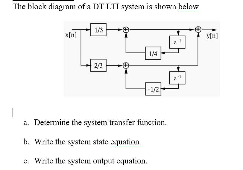 The block diagram of a DT LTI system is shown below
1/3
x[n]
y[n]
z-1
1/4
2/3
-1/2
a. Determine the system transfer function.
b. Write the system state equation
c. Write the system output equation.
