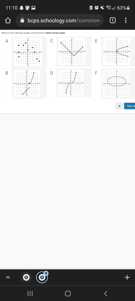 11:10 7 E
A Q X Fi 63%
bcps.schoology.com/common-
Which of the following graphs are functions? Select all that apply.
A
D
Next
+
II
