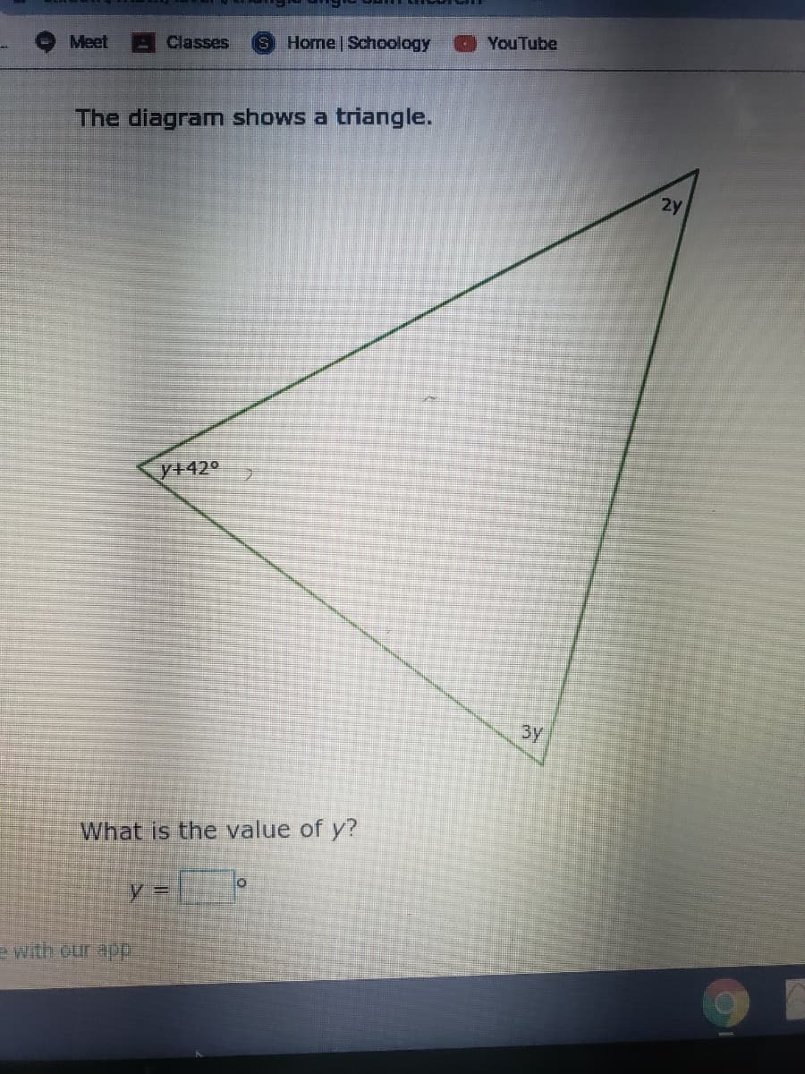 The diagram shows a triangle.
2y
y+42°
3y
What is the value of y?
y%3D

