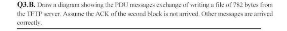 Q3.B. Draw a diagram showing the PDU messages exchange of writing a file of 782 bytes from
the TFTP server. Assume the ACK of the second block is not arrived. Other messages are arrived
correctly.
