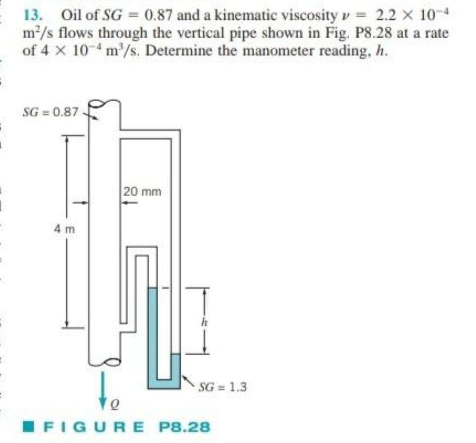 13. Oil of SG = 0.87 and a kinematic viscosity v= 2.2 x 10-4
m2/s flows through the vertical pipe shown in Fig. P8.28 at a rate
of 4 x 10-4 m/s. Determine the manometer reading, h.
SG = 0.87
20 mm
4 m
to
SG = 1.3
IFIGURE P8.28
