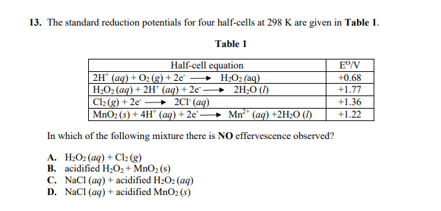 13. The standard reduction potentials for four half-cells at 298 K are given in Table 1.
Table 1
Half-cell equation
» H2O2 (aq)
+0.68
2H* (ag) + O2 (g) + 2e
Н-02 (аq) + 2H* (аq) + 2е —> 2H-0 ()
Cl2 (g) + 2e
MnO2 (s) + 4H" (aq) + 2e"-
+1.77
2Cl (ag)
+1.36
Mn* (aq) +2H2O (I)
+1.22
In which of the following mixture there is NO effervescence observed?
А. Н-О: (аq) + Сl- (8)
B. acidified H202+ MnO2 (s)
C. NaCl (aq) + acidified H2O2 (aq)
D. NaCl (ag) + acidified MnO2 (s)
