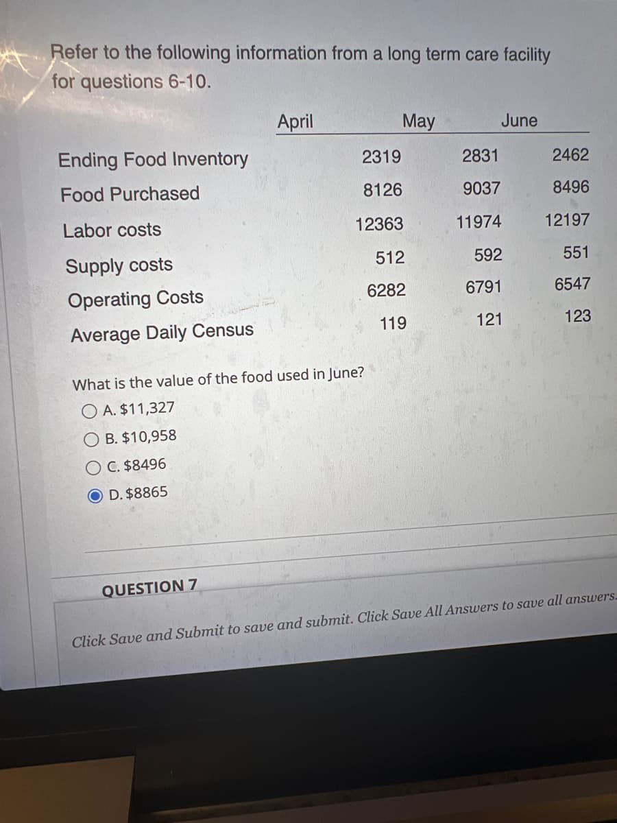 Refer to the following information from a long term care facility
for questions 6-10.
April
May
June
Ending Food Inventory
2319
2831
2462
Food Purchased
8126
9037
8496
Labor costs
12363
11974
12197
Supply costs
512
592
551
6282
Operating Costs
6791
6547
119
121
123
Average Daily Census
What is the value of the food used in June?
OA. $11,327
B. $10,958
O C. $8496
O D. $8865
QUESTION 7
Click Save and Submit to save and submit. Click Save All Answers to save all answers.